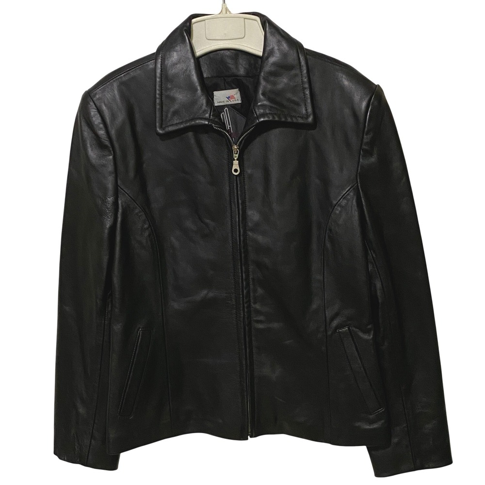 Vtg 80s Tiboa Black Genuine Leather Zip Up Jacket Womens M USA Blokette Mob Wife